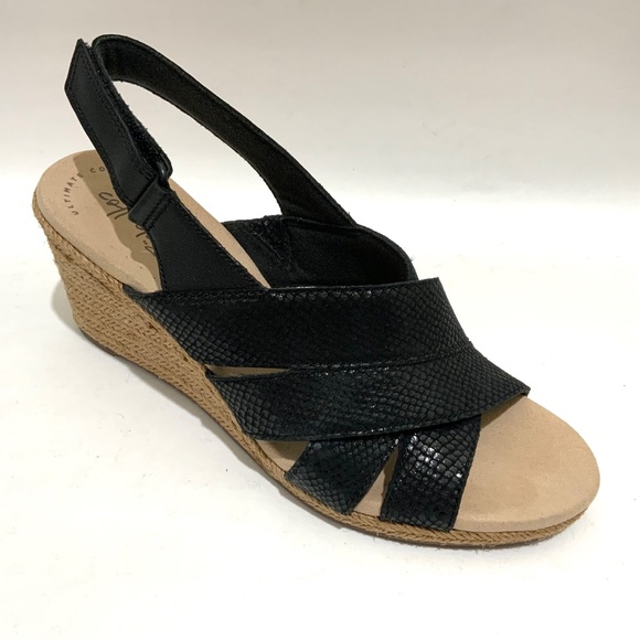 Clarks Lafley Krissy Black Leather Ankle Strap Wedge Sandal Platform Espadrilles - Picture 6 of 7
